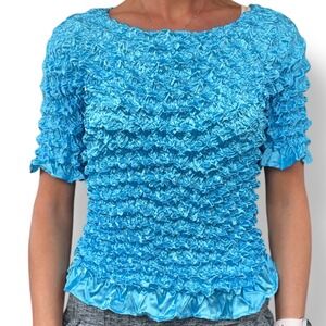 F.C OS Turquoise Blue Popcorn Textured Short Sleeve Ruffle Trim Y2K Bubble Shirt